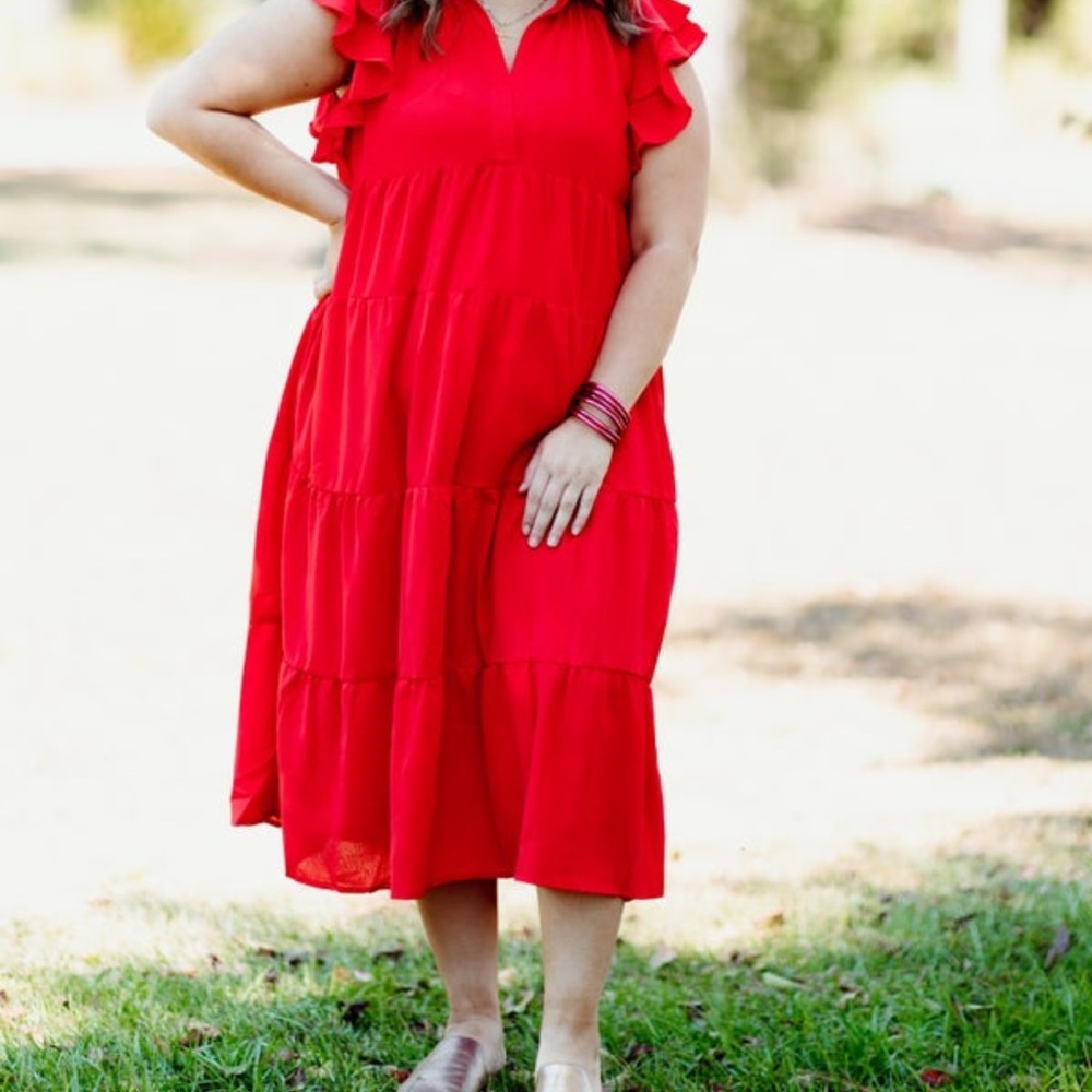 Elegant Red Ruffle Sleeve Dress